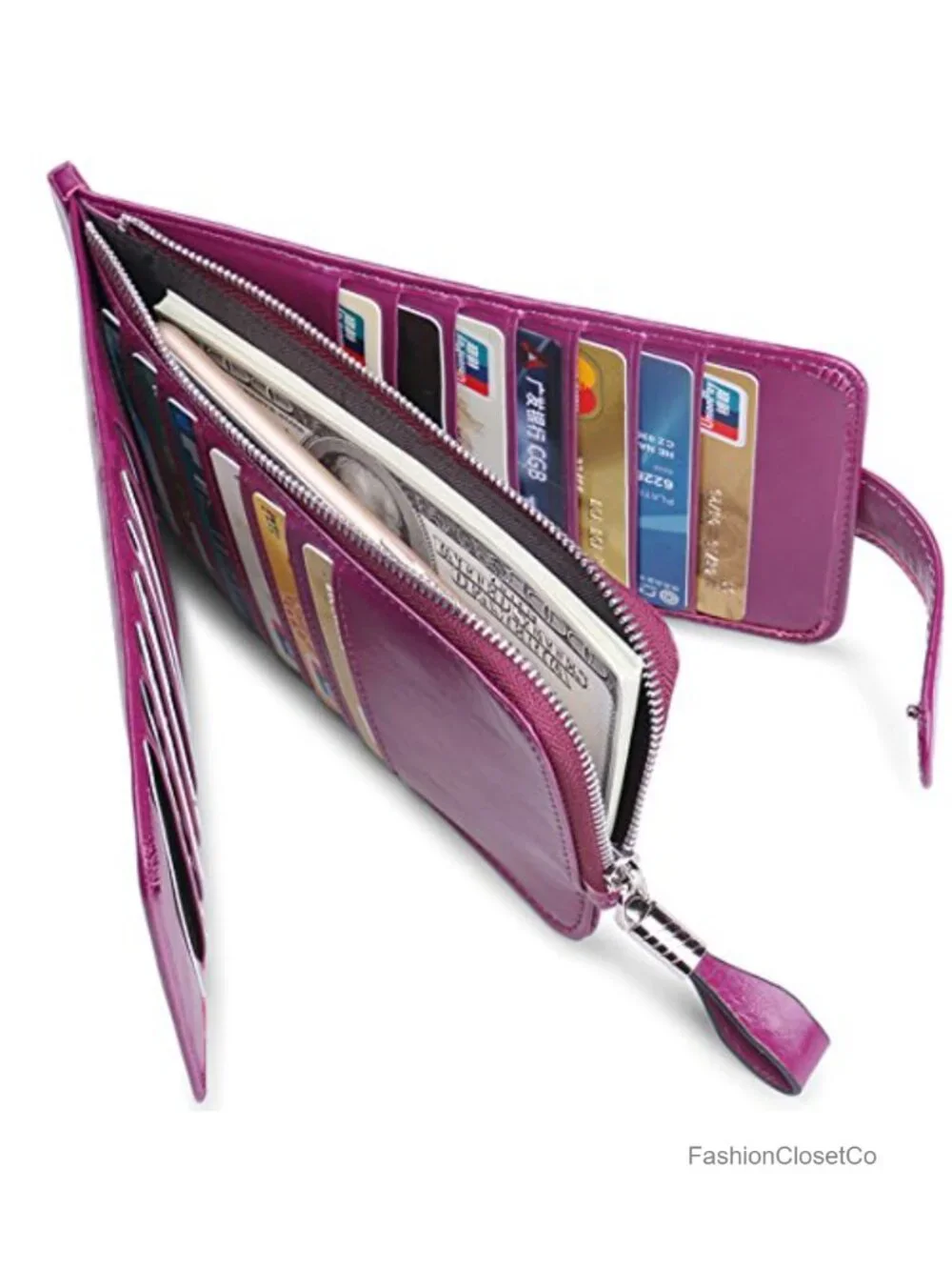 Large RFID Bifold Wallet with 25 Card Slots and Zipper Pocket